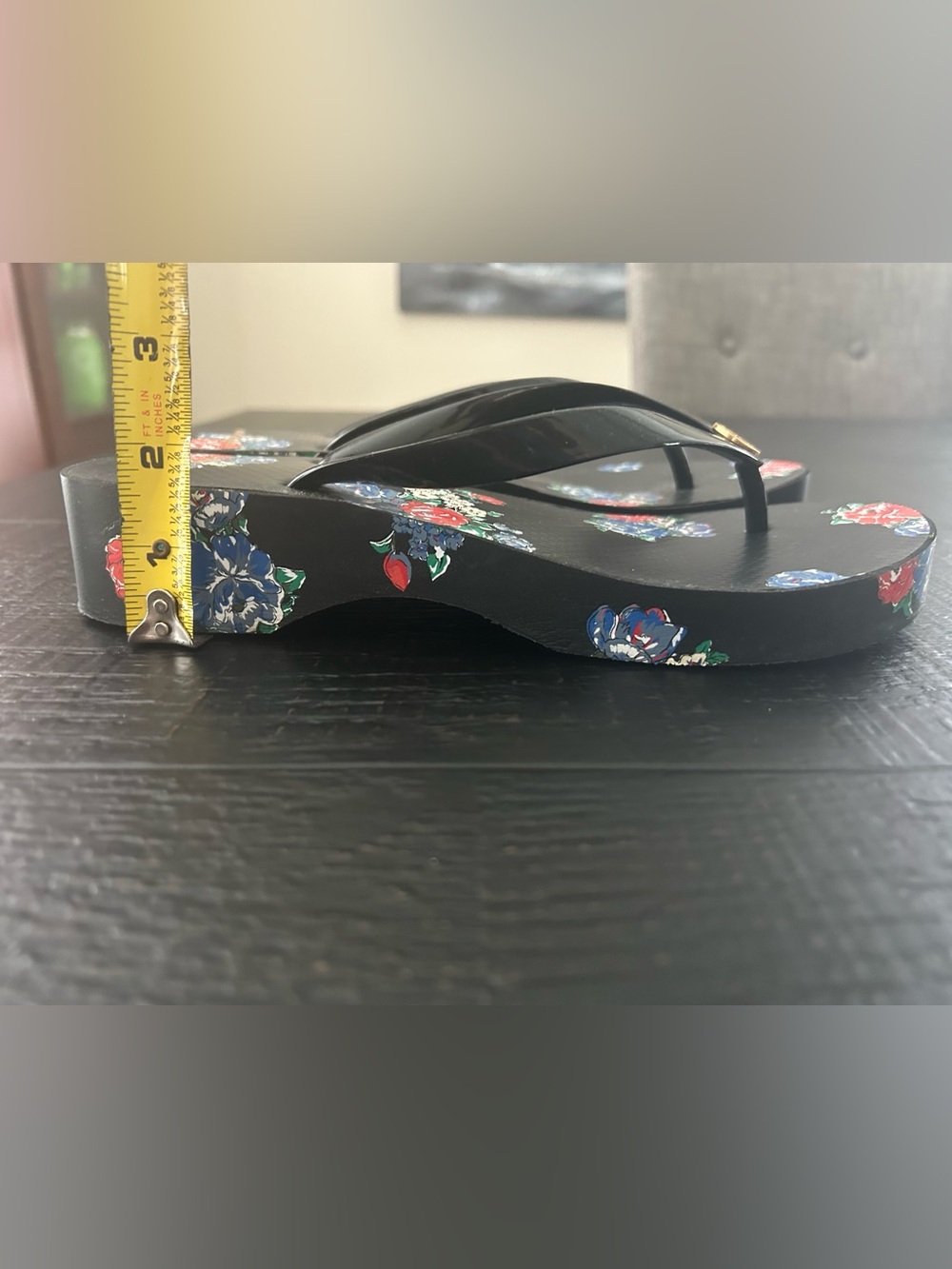 Tory Burch Black Sandal with Red & Blue Floral Print and Gold Logo - Picture 4 of 7